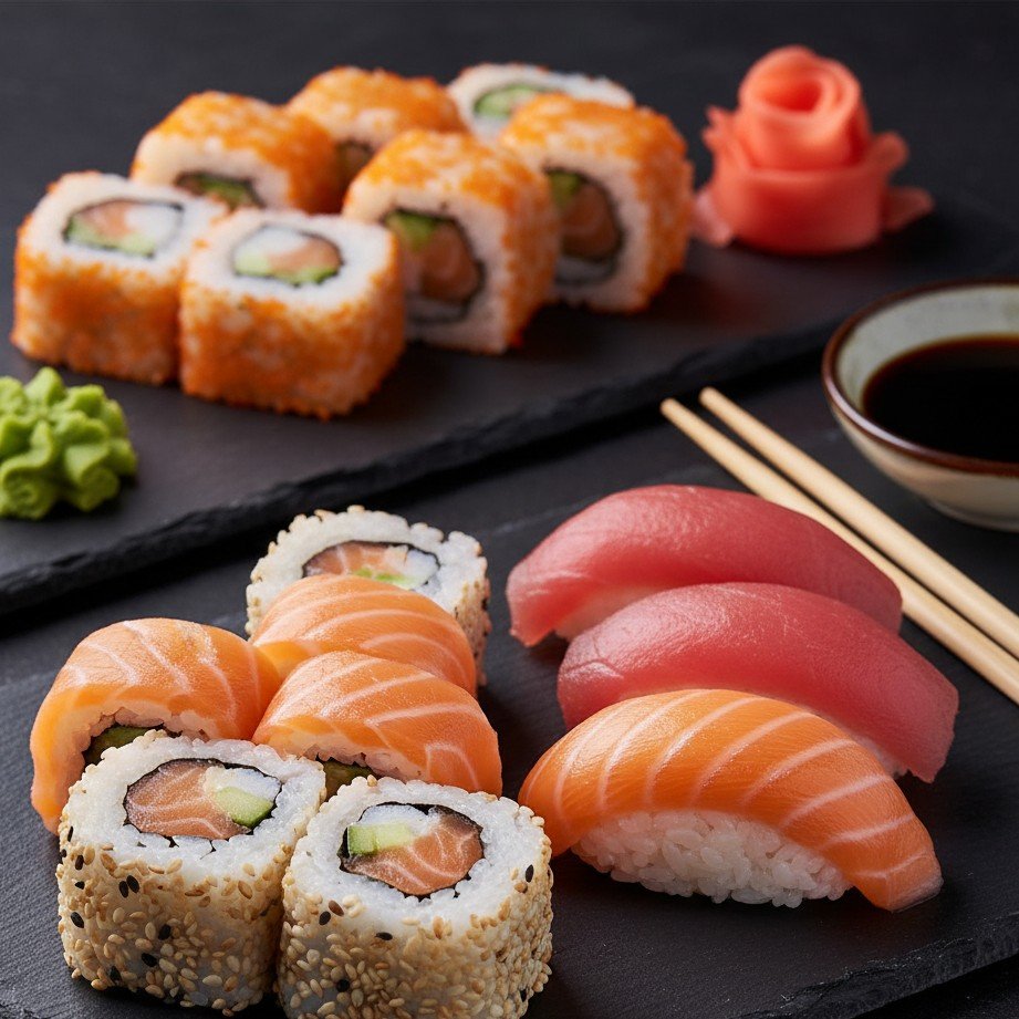 Prato de sushi fresco artisticamente arranjado com vários rolos e nigiri, excelência culinária japonesa.