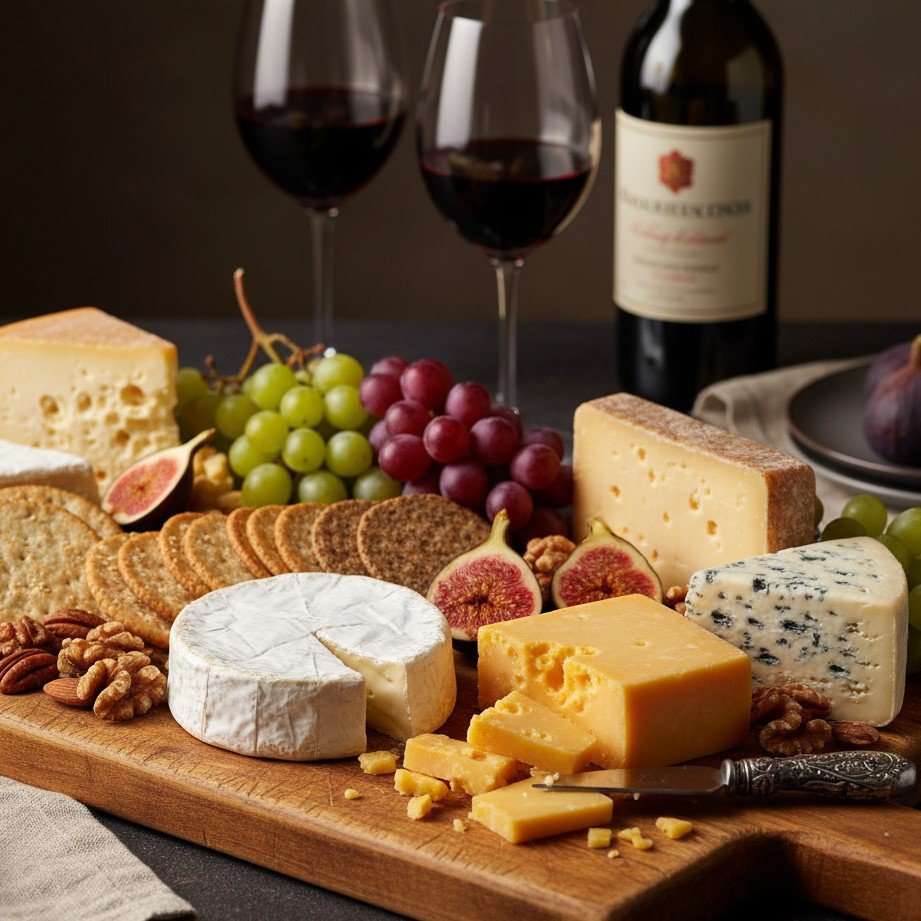 Elegante tábua de queijos gourmet com vários queijos artesanais e acompanhamentos.