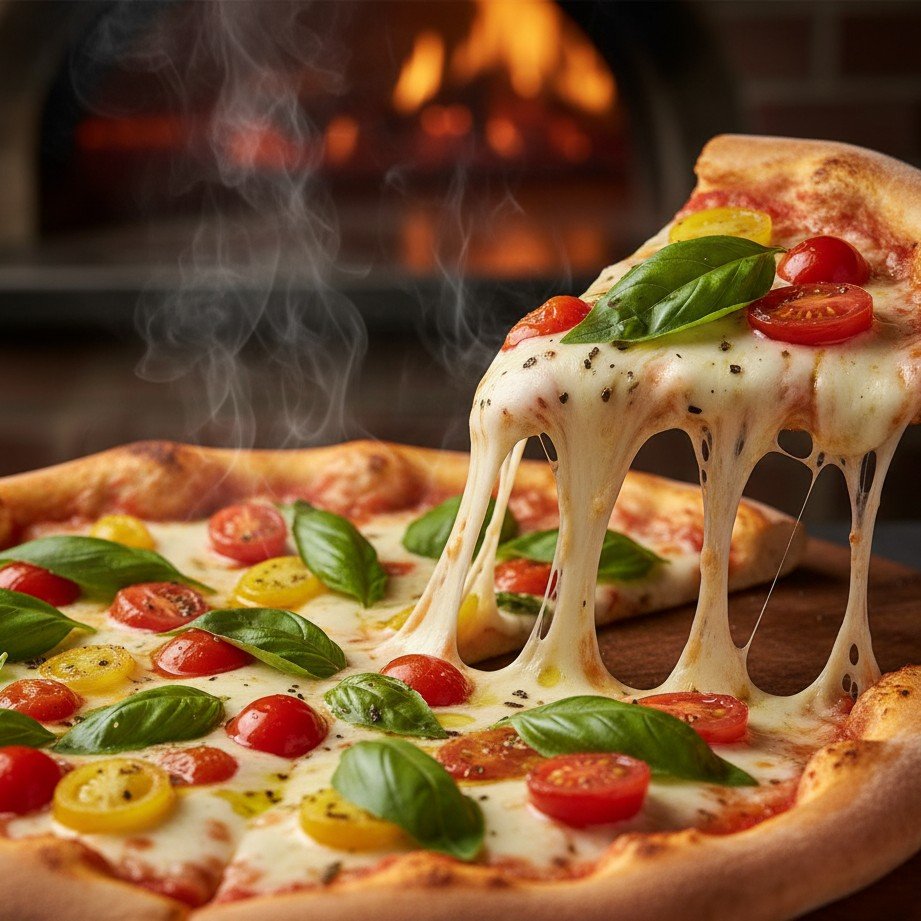 Deliciosa pizza gourmet quente do forno com queijo perfeitamente derretido e ingredientes frescos.