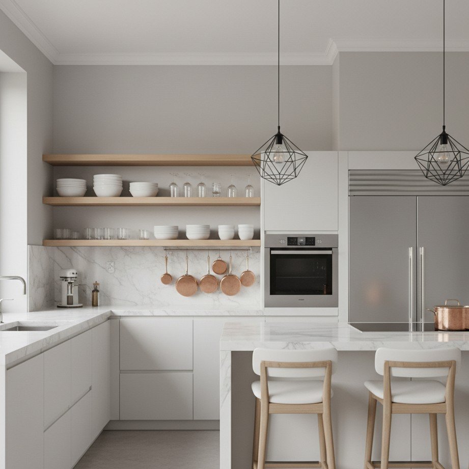 Configuração de cozinha minimalista limpa e moderna com equipamentos profissionais e organização estilosa.