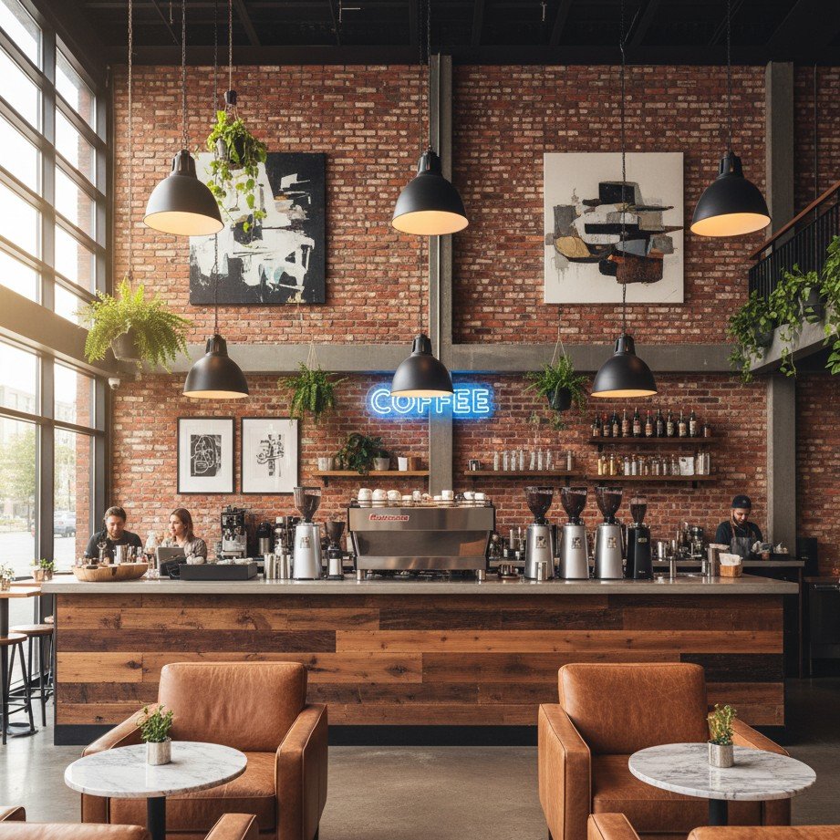Interior de cafeteria moderna e estilosa, com uma atmosfera acolhedora e elementos de design contemporâneo.