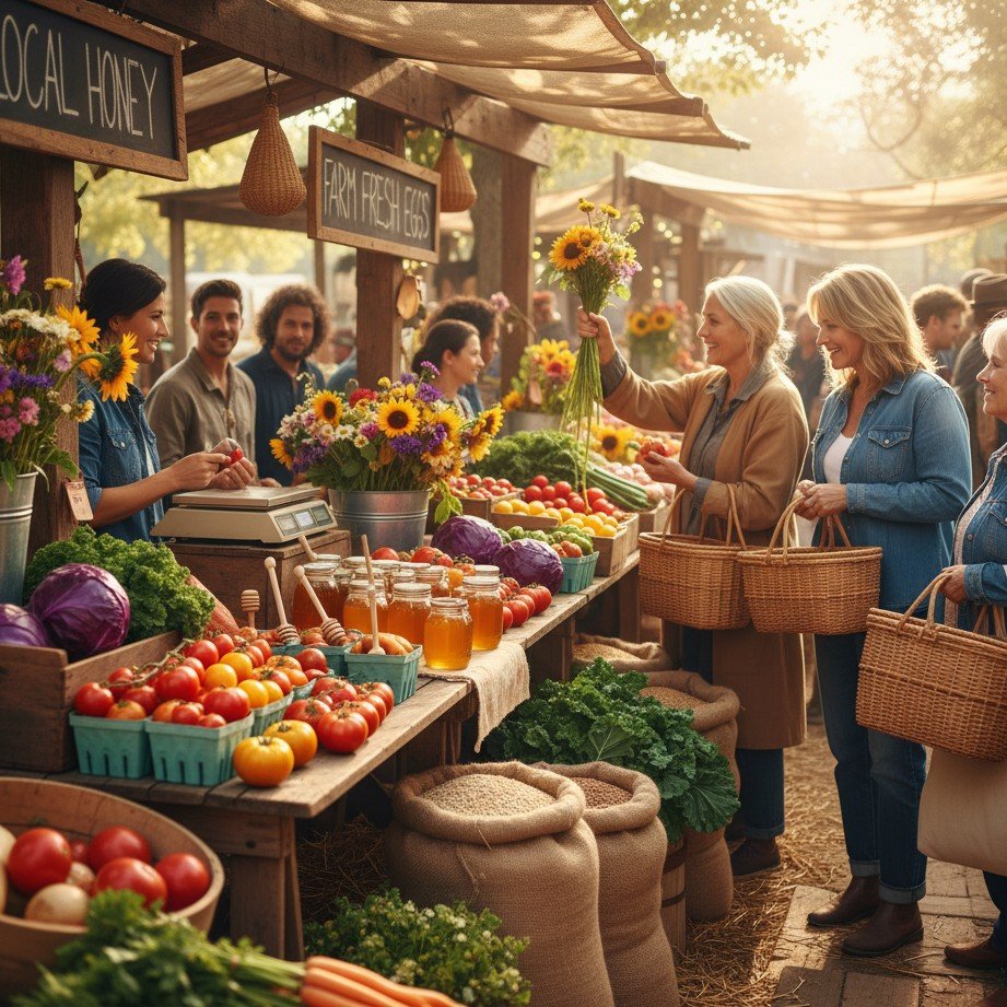 Cena encantadora de um mercado de agricultores rústico com produtos frescos e itens feitos à mão.