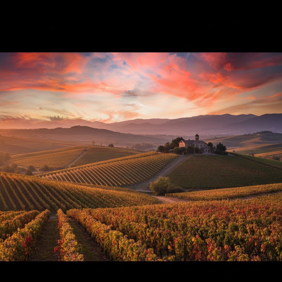 Deslumbrante paisagem de vinhedos ao pôr do sol, com colinas onduladas e variedades de uvas.