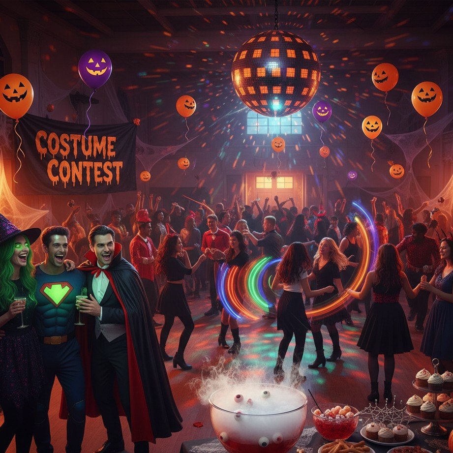 多様なコスチューム、飾り付け、そしてお祭りの雰囲気が漂う活気あるハロウィンパーティー。