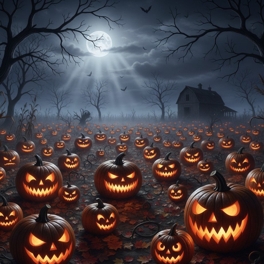 彫られたジャック・オ・ランタンとハロウィンの夜の雰囲気を持つ神秘的なカボチャ畑。