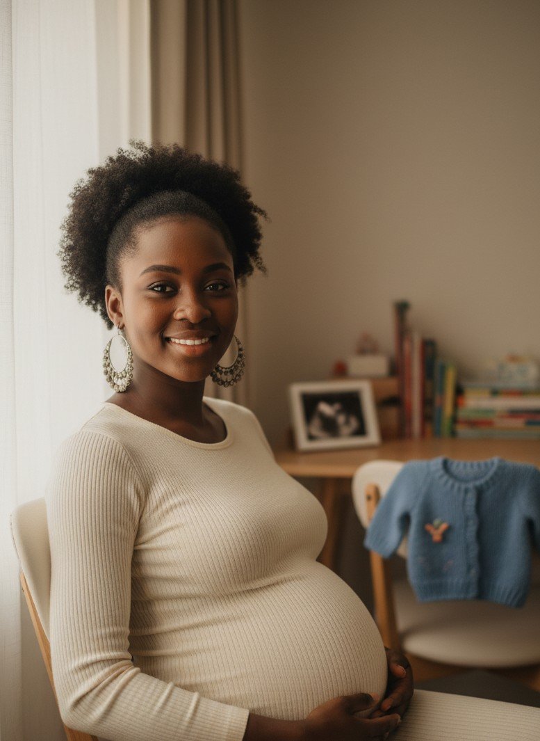 Cozy at-home pregnancy announcement portrait idea