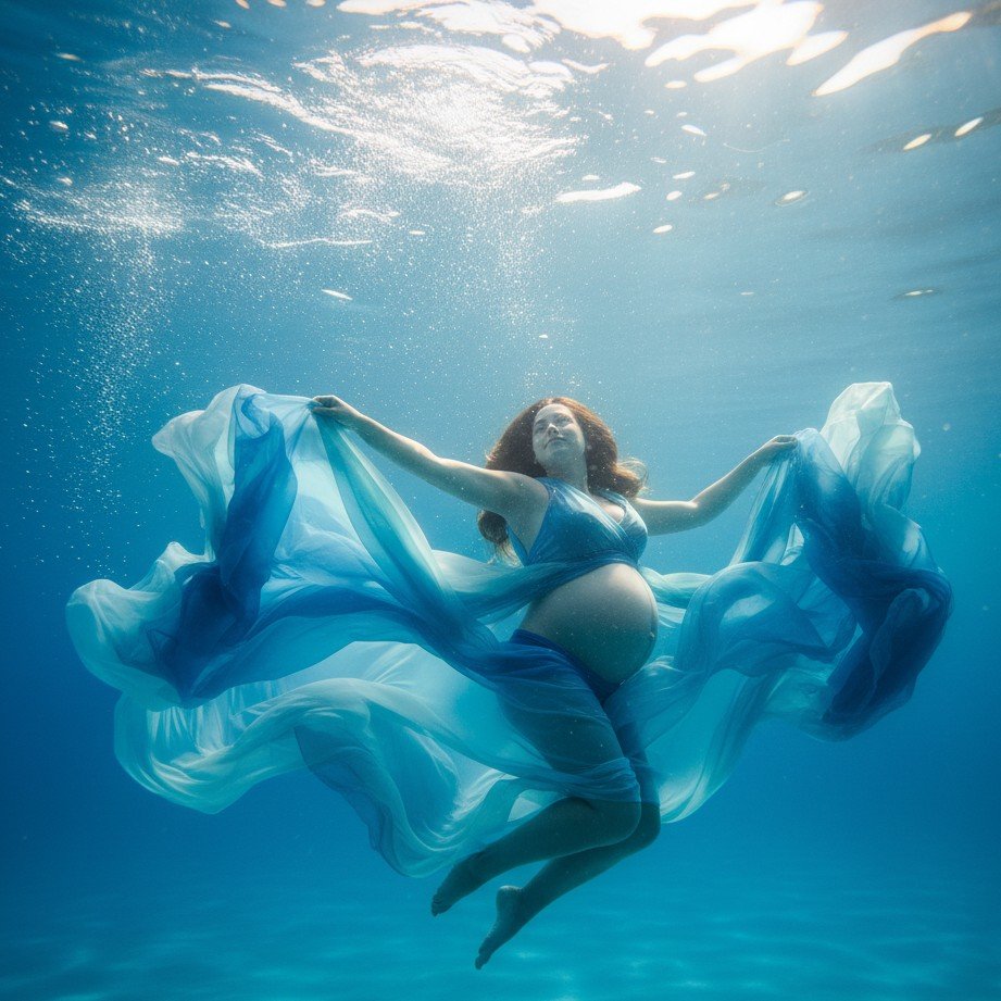 無重力の美しさと流れるような動きを持つ夢のような水中マタニティポートレート。
