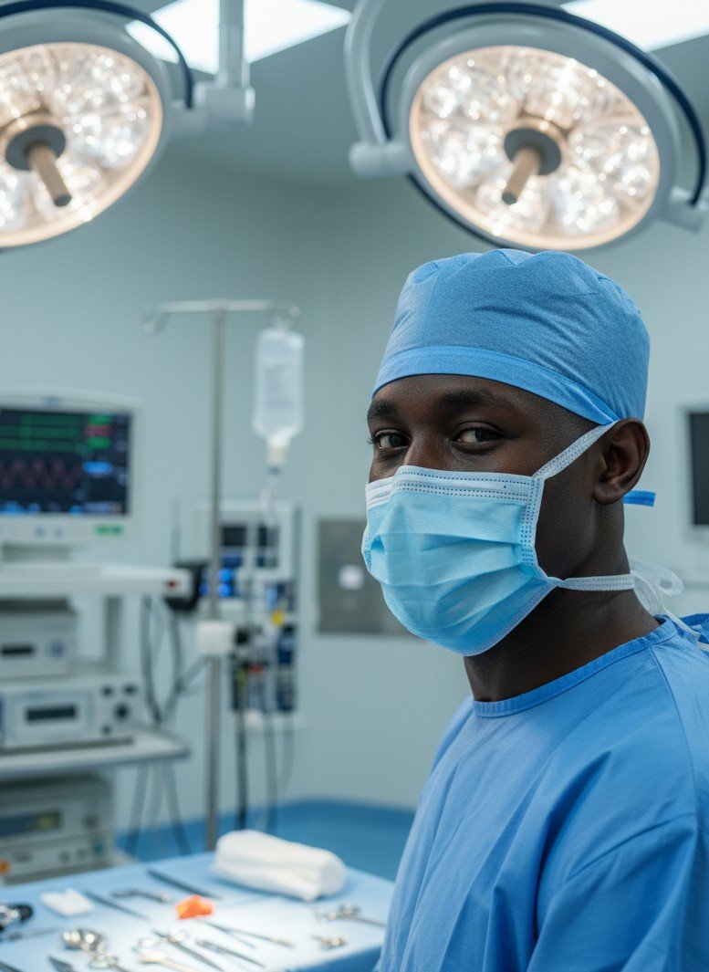 Professional surgeon portrait in operating room with surgical scrubs and mask.