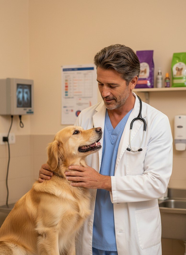 Professional veterinarian portrait with a friendly pet, showing compassion and expertise.