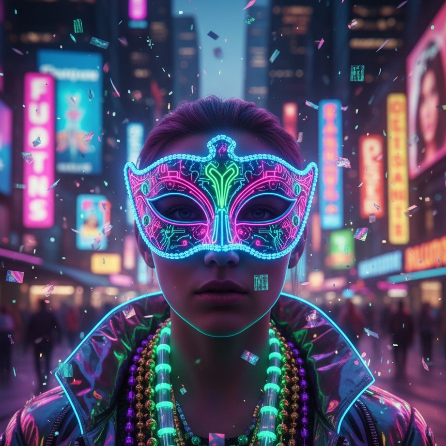 Cyber-carnival neon mask portrait with futuristic lighting