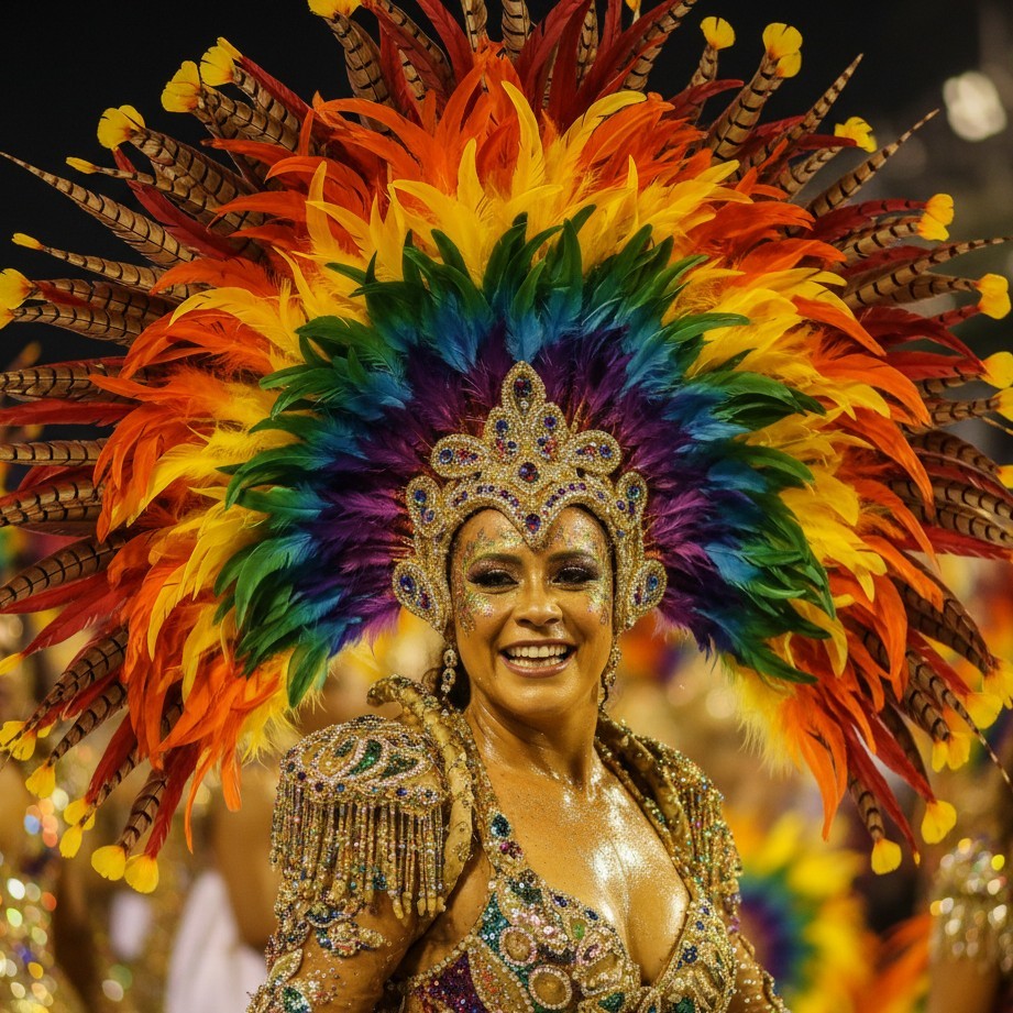 Rio Carnival samba portrait with a stunning feather headdress, sequins, and glitter makeup.