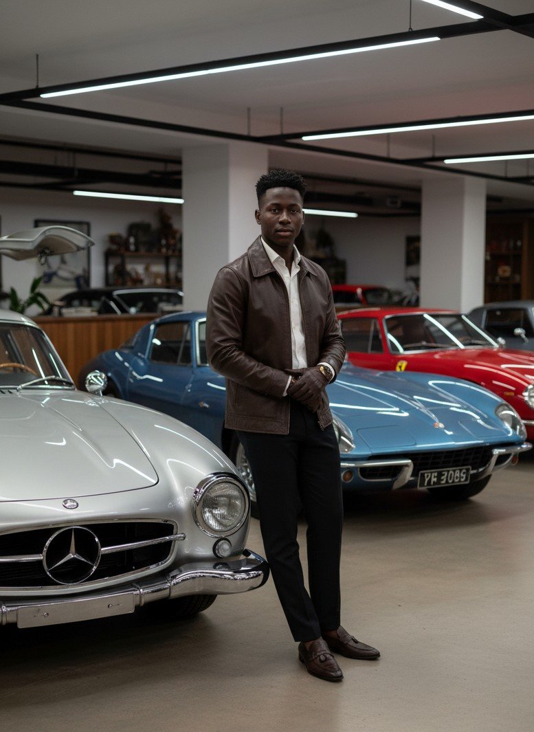 ヴィンテージ自動車のコレクションと timelessな自動車のエレガンスを持つ洗練されたポートレート。