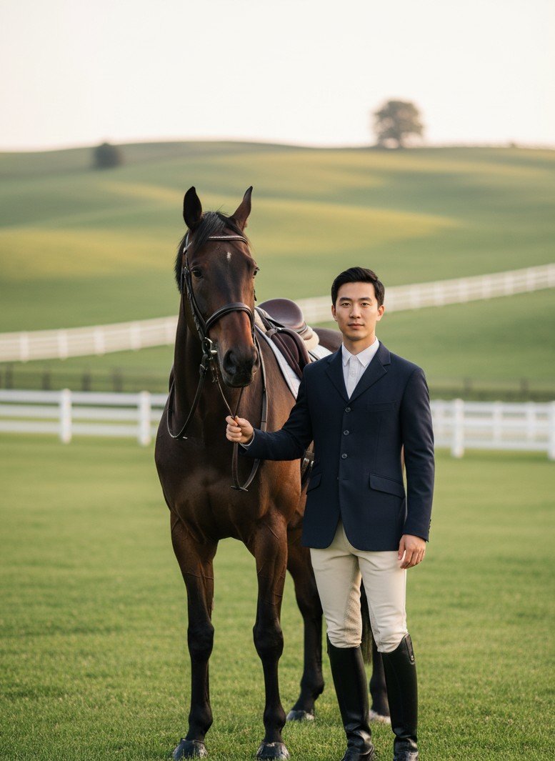 クラシックな田園の優雅さを持つ田舎の邸宅での洗練された乗馬肖像。