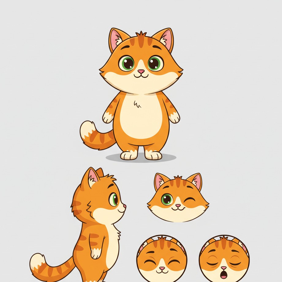 Design a professional reference sheet with different poses and expressions for your cat character.
