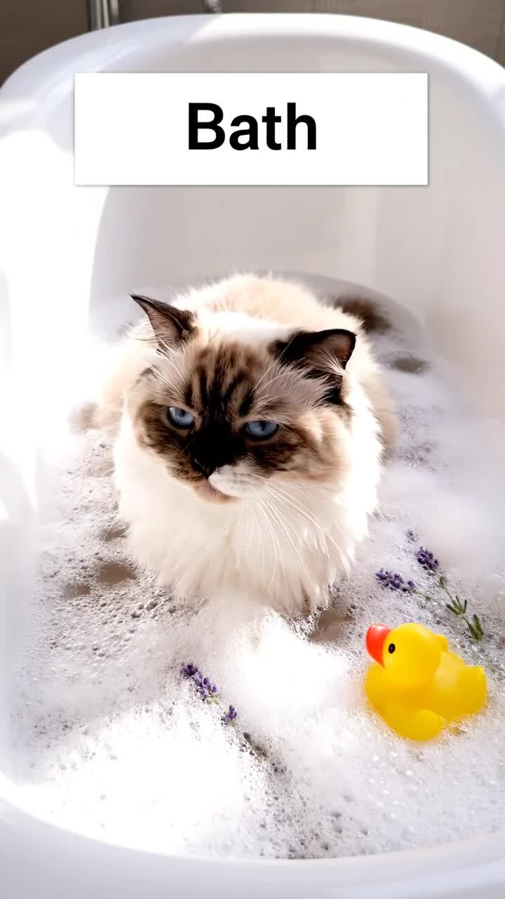 Design a checklist-style cover image for recurring cat bath, brushing, and coat-care episodes.