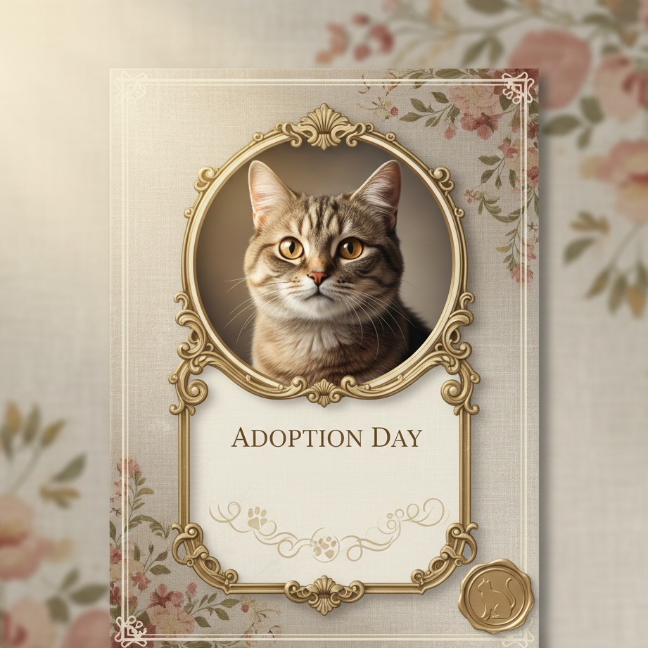 Generate a polished rescue adoption cover visual for social posts and keepsakes.