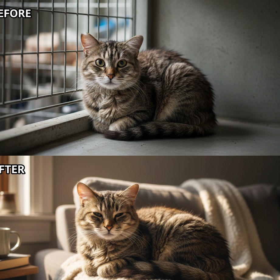 Design an emotional shelter-to-home transformation collage with cat rescue focus.