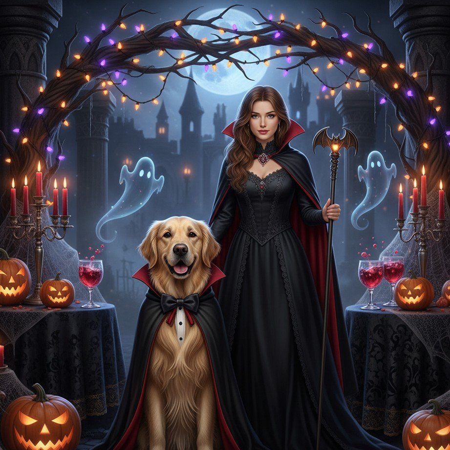 Custom digital invitations featuring you and your dog in matching Halloween costumes.