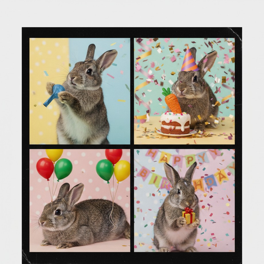 Make a rabbit birthday photo-booth strip for recap posts, collages, and memory-style social shares.