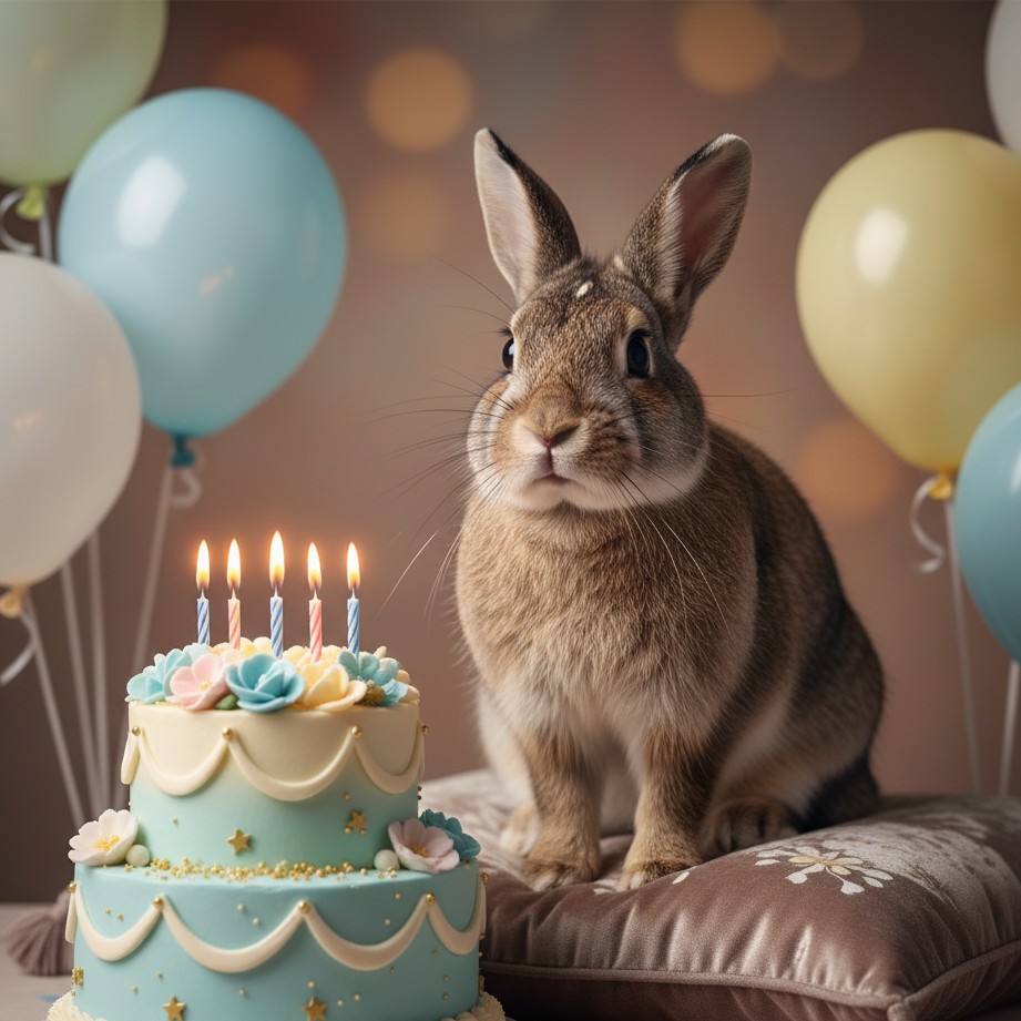 Create a cake-centered rabbit birthday portrait for covers, hero frames, and sweeter social thumbnails.