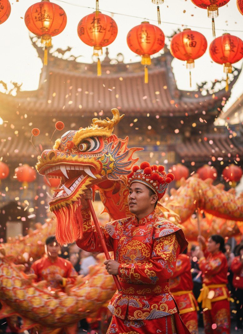 活気あるドラゴンダンスのパフォーマンスとお祭り用の赤い装飾が施された伝統的な中国の新年のお祝い。