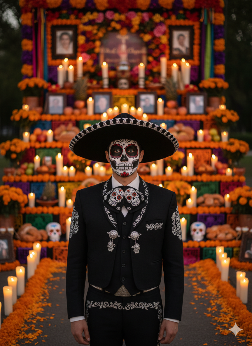 祭坛前的亡灵节人像，带卡拉维拉妆容与万寿菊元素