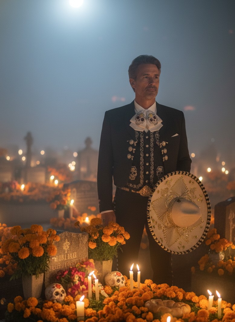 Moody and respectful nighttime portrait in a candlelit cemetery vigil setting.