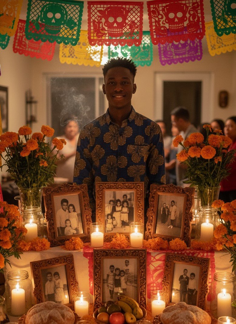 在烛光 ofrenda 祭坛旁的家庭纪念风亡灵节人像
