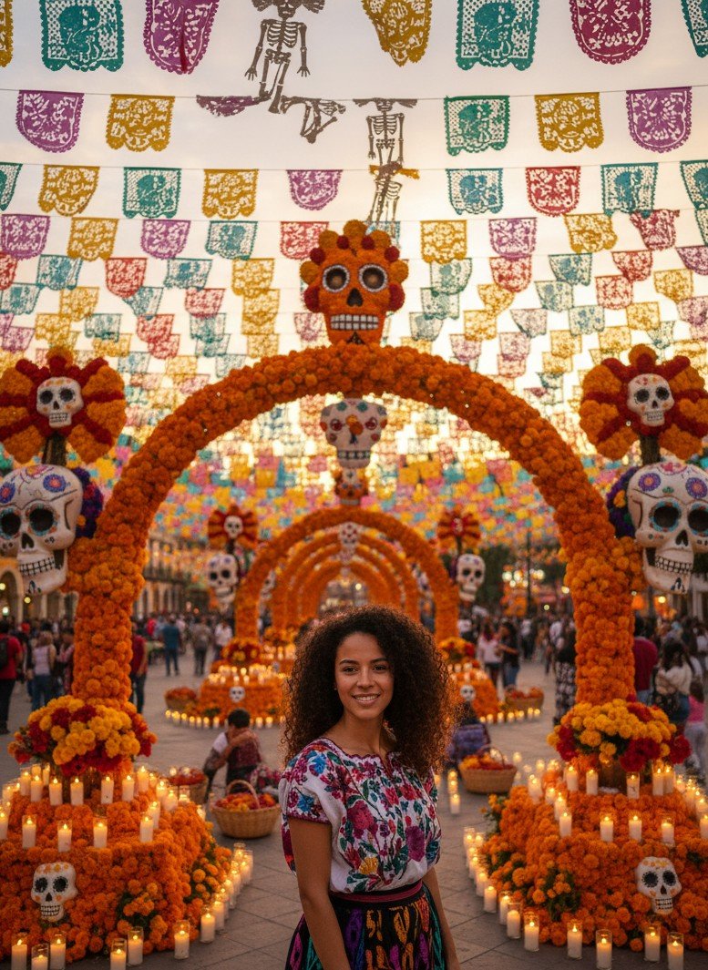 Colorful plaza portrait with papel picado banners and festive Day of the Dead energy.