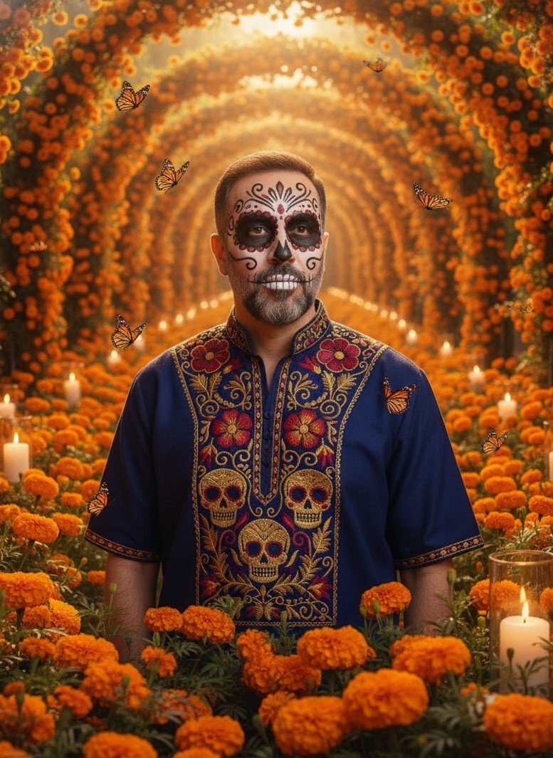 亡灵节万寿菊花园人像，帝王蝶环绕并有柔和烛光