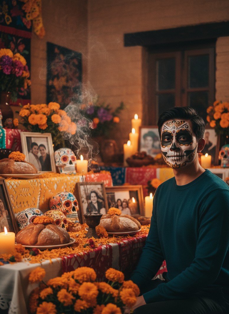 亡灵节人像置于烛光供桌旁，画面有 Pan de Muerto 面包、万寿菊与供品