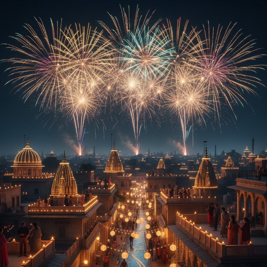 花火と照明された都市の景観が特徴の壮観なディワリの夜の祝祭。