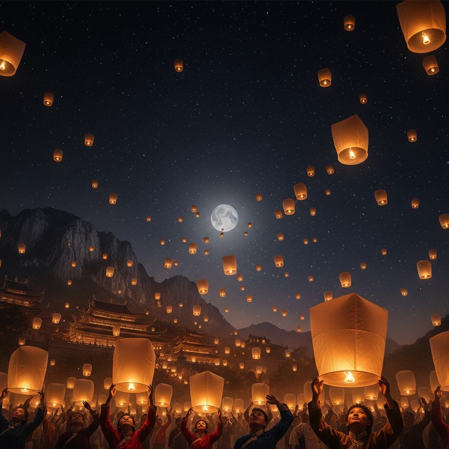 無数の浮かぶランタンと夜空の祭りがある息を呑むようなランタンフェスティバルです。