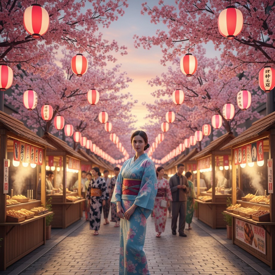 挂满灯笼的樱花祭街道