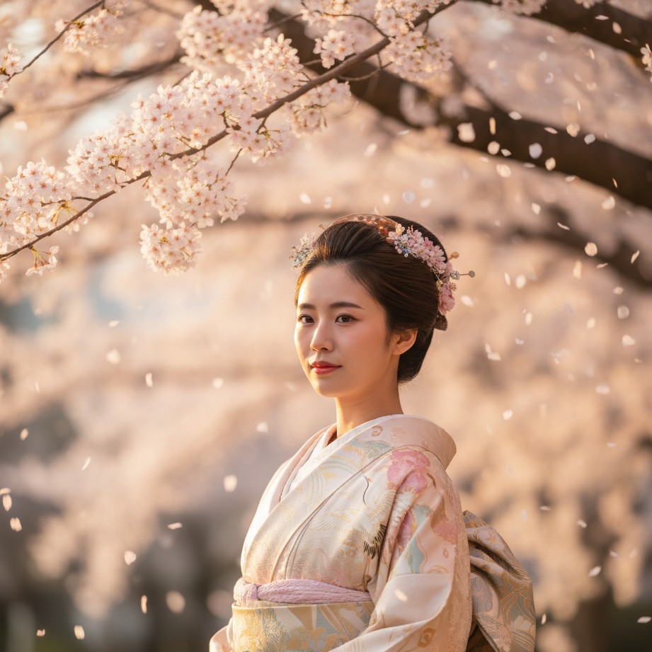 樱花簇拥中的和服人像