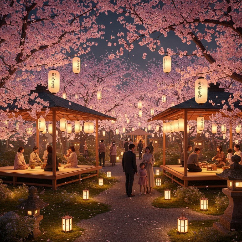 灯笼映照下的夜樱美景