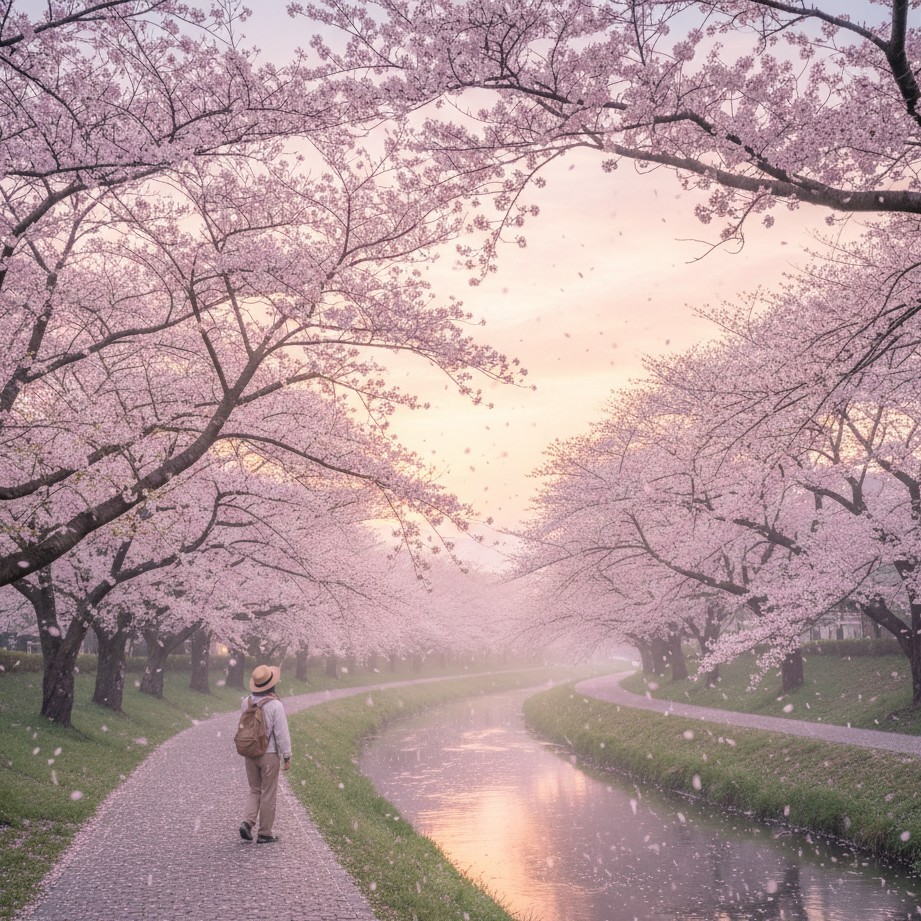 花瓣漂浮的河畔樱花漫步