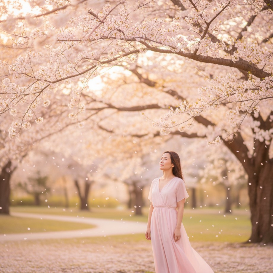 夕阳下的樱花公园人像