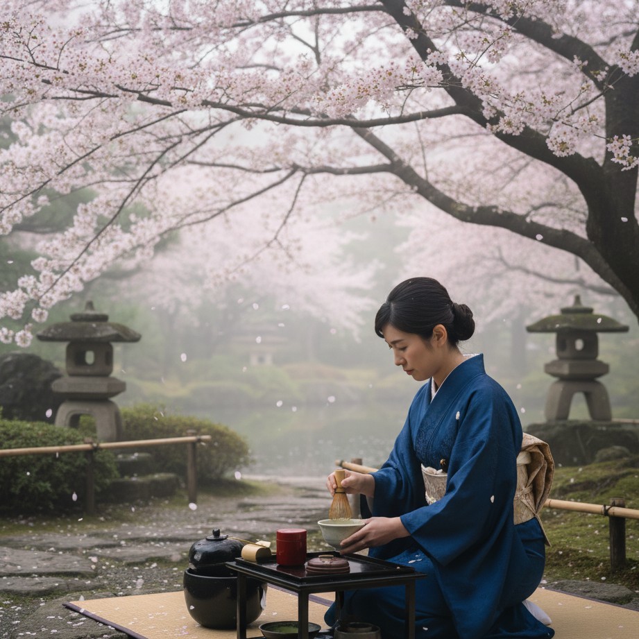 樱花庭院中的茶道场景