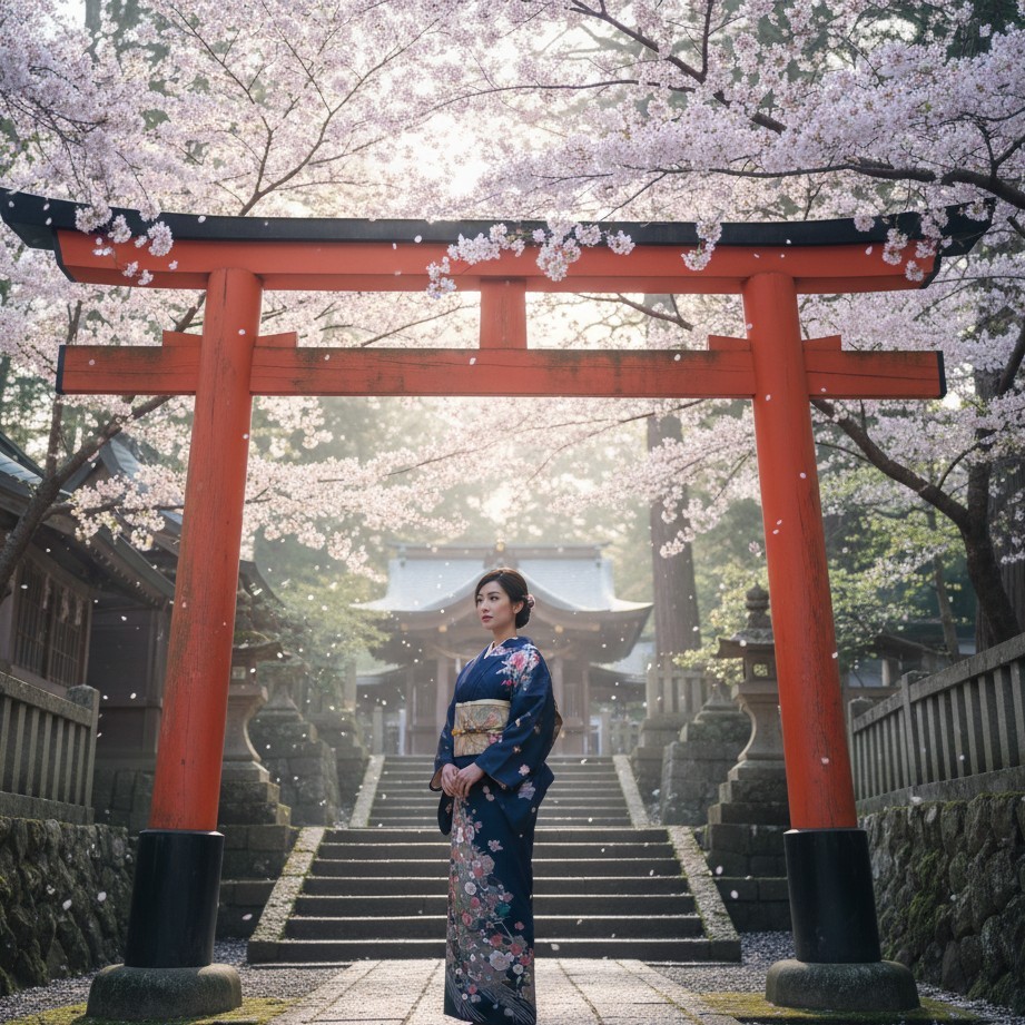 樱花掩映的神社鸟居