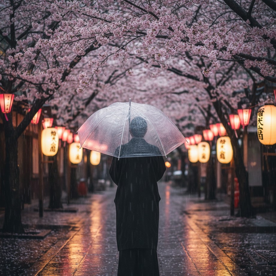雨夜中的灯笼与樱花
