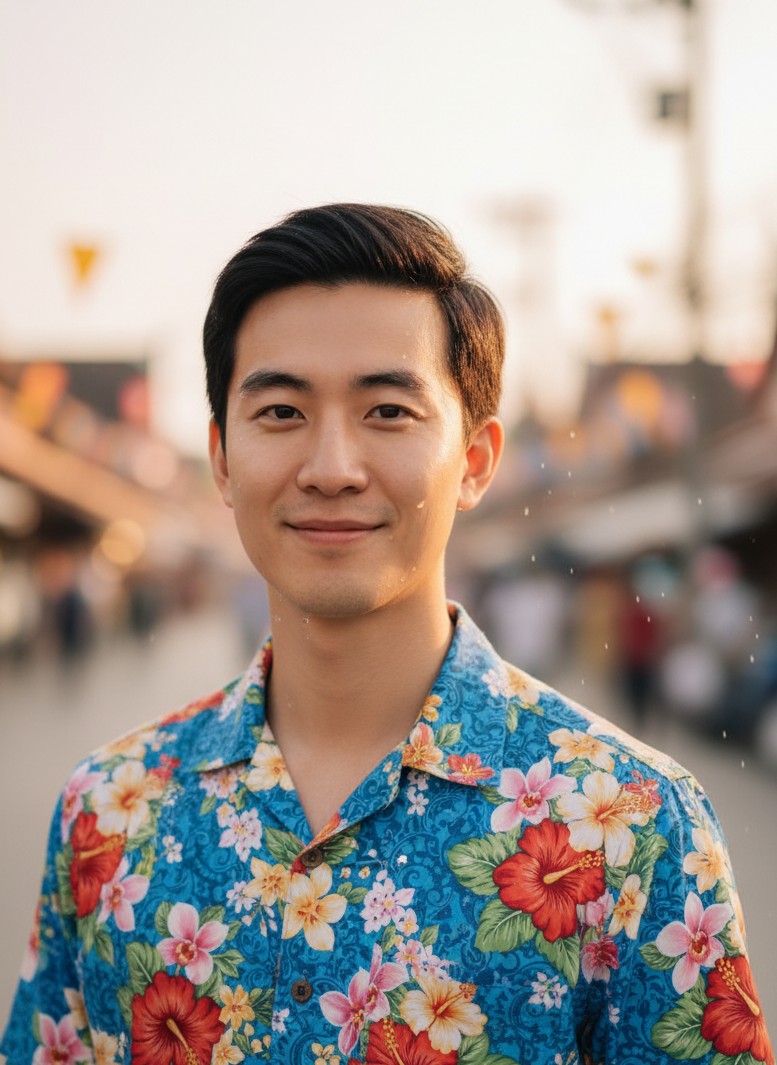 吸睛指数爆表的经典花衬衫造型，水光波光粼粼，肤质感极佳。