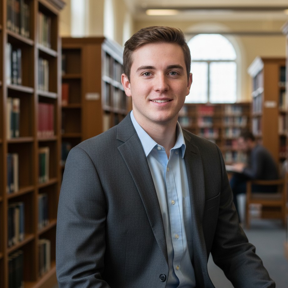 Graduation portrait in campus library style