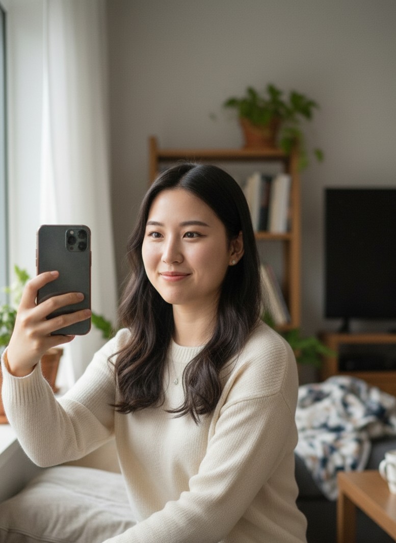 Instagramの旅行ヒーロー比較用の「前(before)」画像としてデザインされた、非常に日常的で自然な自撮りスタイルのポートレート(同一人物)。