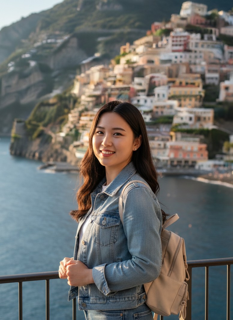 Instagramの旅行ヒーロー比較用の「後(after)」画像としてデザインされた、リラックスしたアマルフィ海岸の旅行ポートレート(同一人物)。