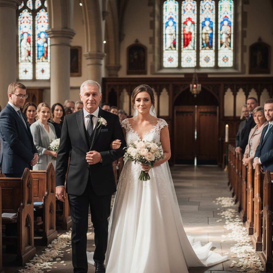 First holy communion photo shoot concept with church aisle lighting