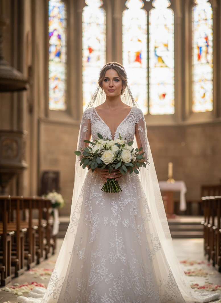 First communion photoshoot idea with a soft church aisle walking moment