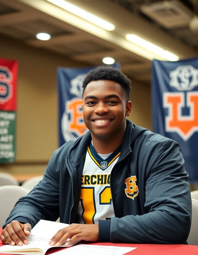 Football senior signing-day portrait with letter-of-intent and team identity.
