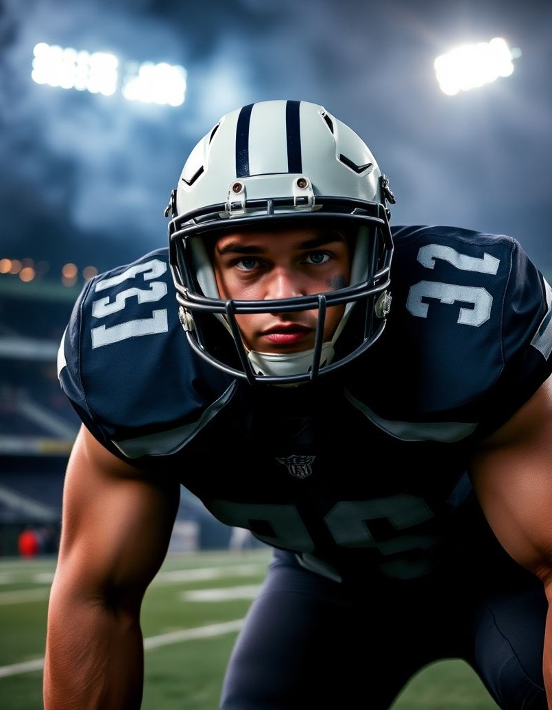 Powerful defensive football senior portrait with low-angle intimidation.