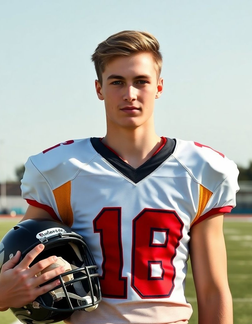 Classic football senior stance with helmet under arm for a clean yearbook-friendly look.